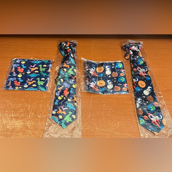 Kids Dinosaur and Space Print Tie and Pocket Square Set - Picture 1 of 5